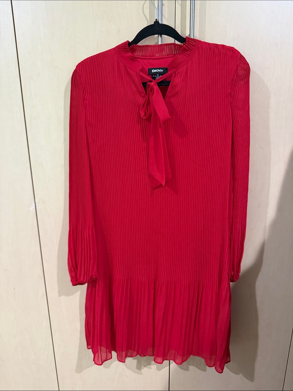DKNY Bright Red Long-Sleeve Pleated Tie-Neck Dress